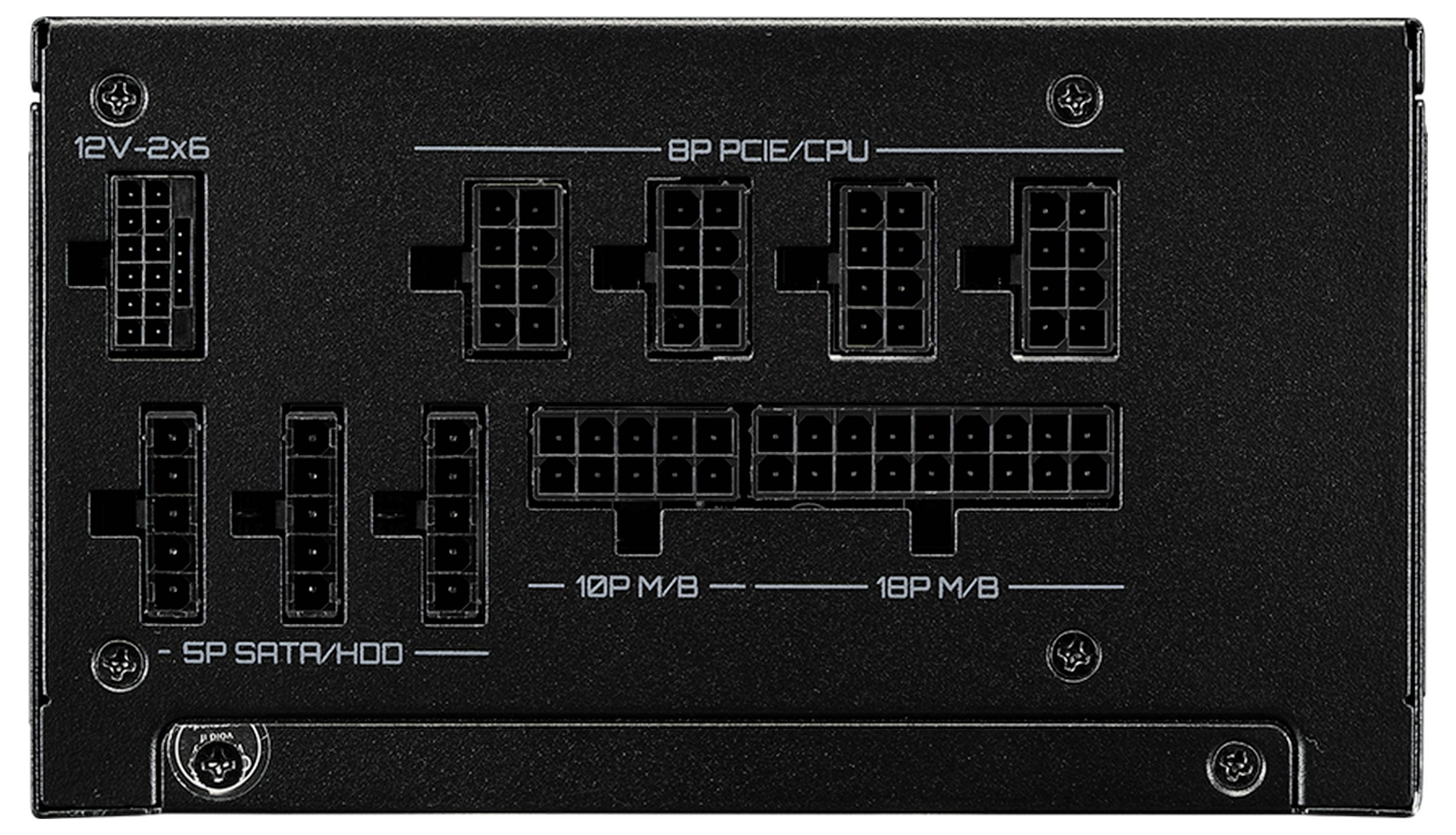'Zblízka zadného panela napájacieho zdroja. Obsahuje rôzne označené porty konektorov: 12V-2x6, 8P PCIe/CPU, 5P SATA/HDD, 10P MB, 18P MB.'