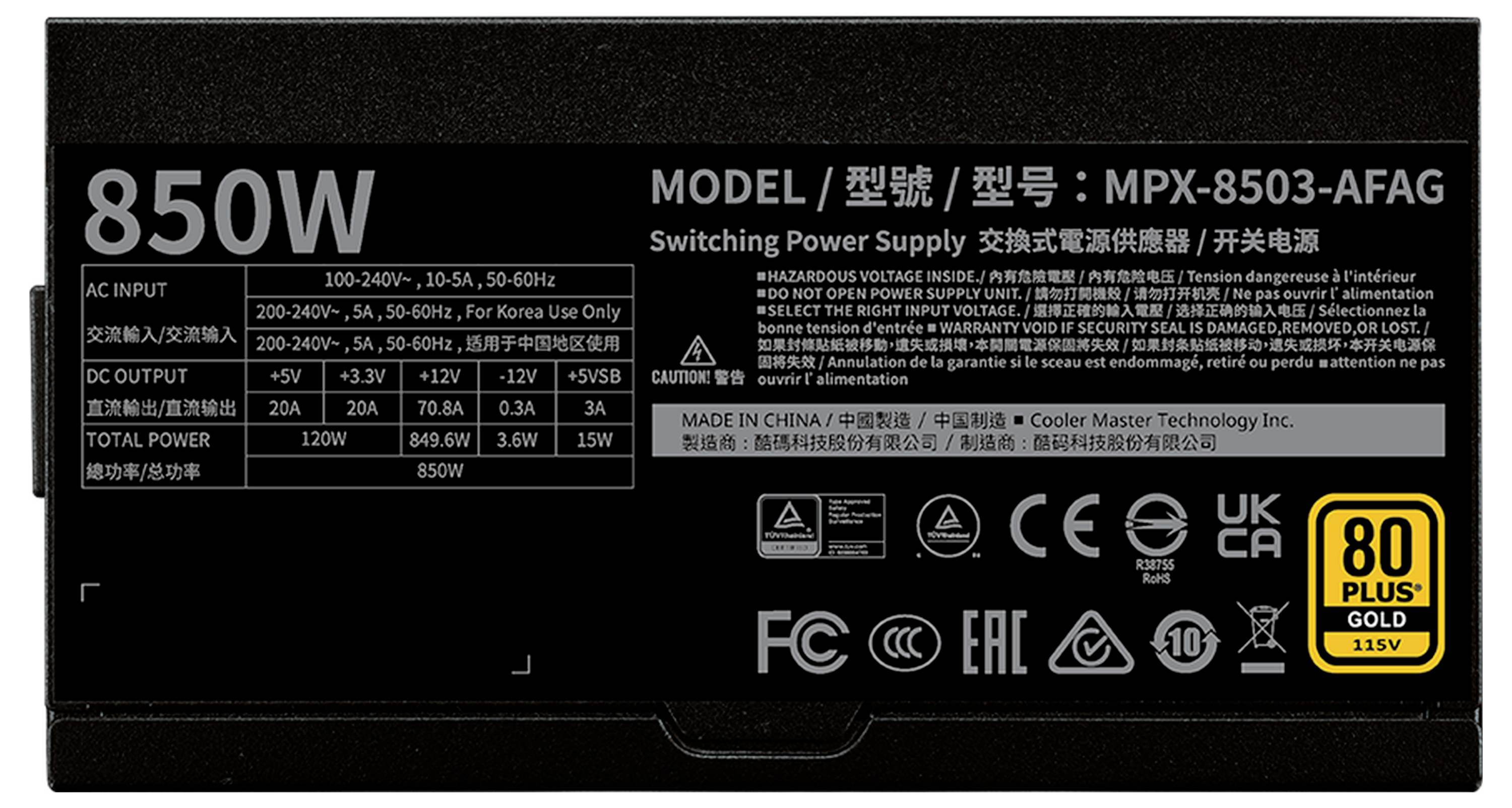 Štítok jednotky napájania s výkonom 850 W zobrazujúci vstupné/výstupné napätie a bezpečnostné certifikácie. Model: MPX-8503-AFAG, certifikovaný 80 Plus Gold.