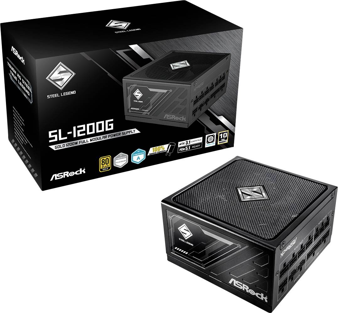 ASRock Steel Legend SL-1200G zlatá 1200W plne modulárny zdroj energie zobrazený s jeho maloobchodným boxom a jednotkou na bielom pozadí.