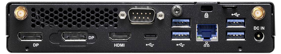 Zadný pohľad na kompaktný PC s viacerými portami: DisplayPort, HDMI, USB, Ethernet, sériové a DC napájací vstup.