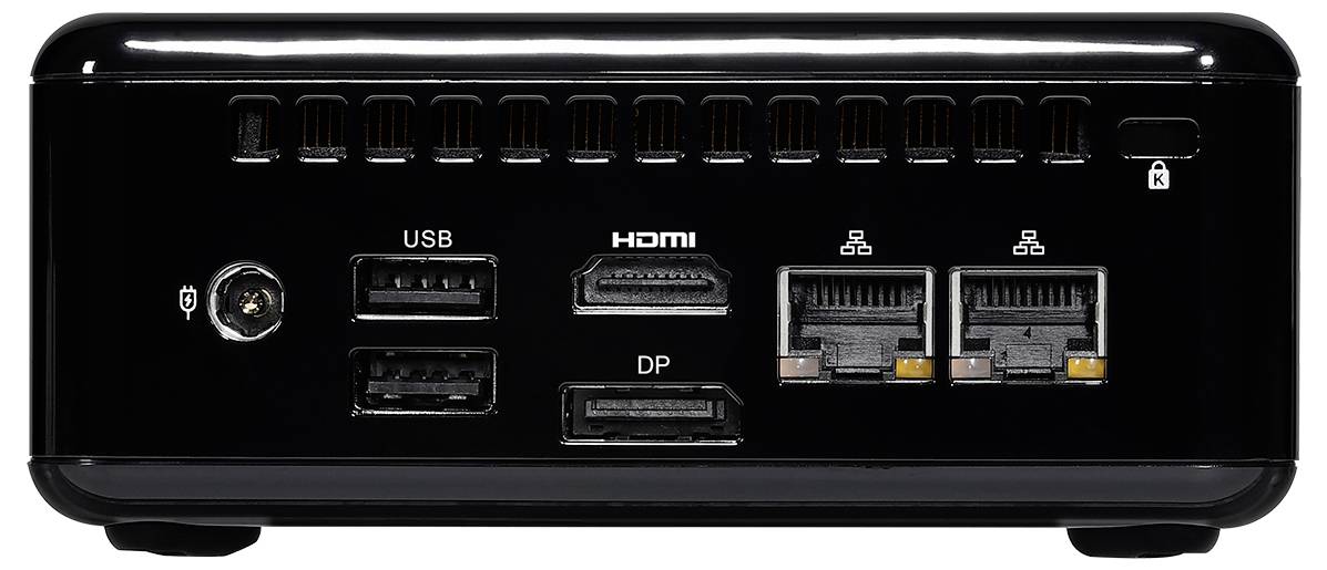Zadný panel čierneho projektora s portami: vstup napájania, dva USB porty, HDMI, DisplayPort a dva sieťové porty.