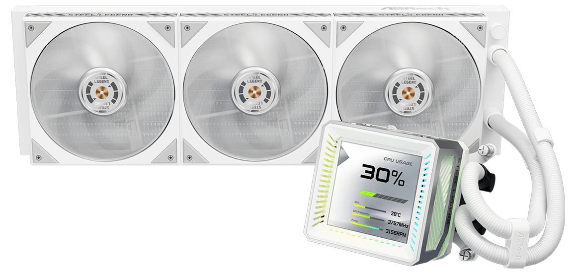 Trojventilátorový chladiaci systém procesora s tekutinou, s malým digitálnym displejom zobrazujúcim 30% a RGB osvetlením na jednotke čerpadla.
