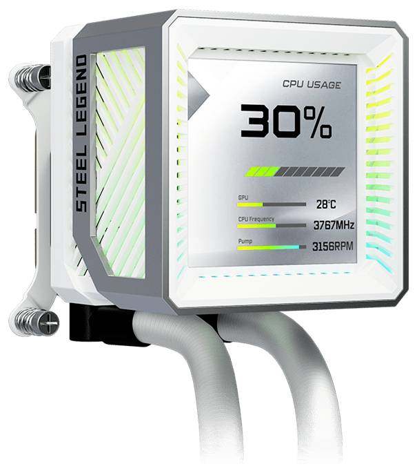Biely chladič na kvapalinu CPU s displejom zobrazujúcim "CPU USAGE 30%" s GPU 28°C, frekvencia CPU 3767MHz a čerpadlo 3156RPM.