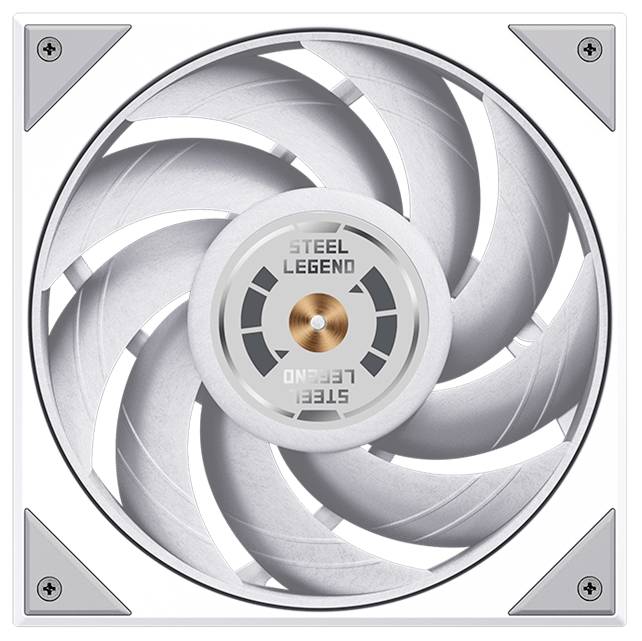 Biely chladiaci ventilátor počítačovej skrine so striebornými lopatkami, s označením "STEEL LEGEND" na centrálnom náboji.