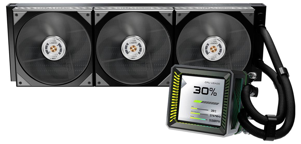 Trojitý chladič procesora s kvapalinou s radiátorom a blokom čerpadla, zobrazujúci LCD displej s údajom "CPU USAGE 30%" a štatistikami teploty.