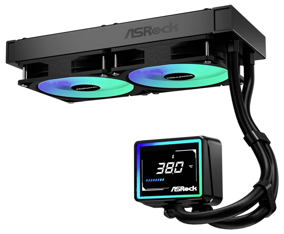 ASRock chladič CPU s kvapalinou s dvoma 120mm RGB fanmi a pumpovacou hlavicou s digitálnym displejom teploty.