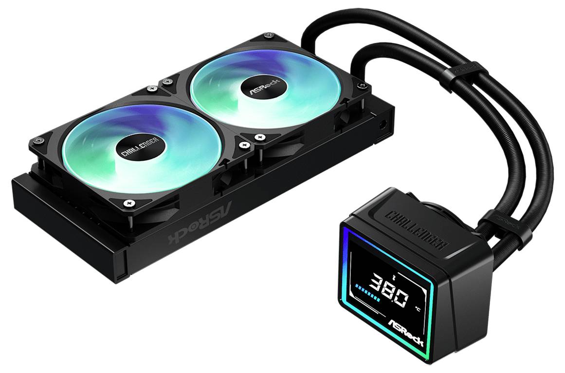 Kvapalinový chladič procesora s dvoma RGB ventilátormi a blokom čerpadla zobrazujúcim "39.0", prepojený rúrkami.