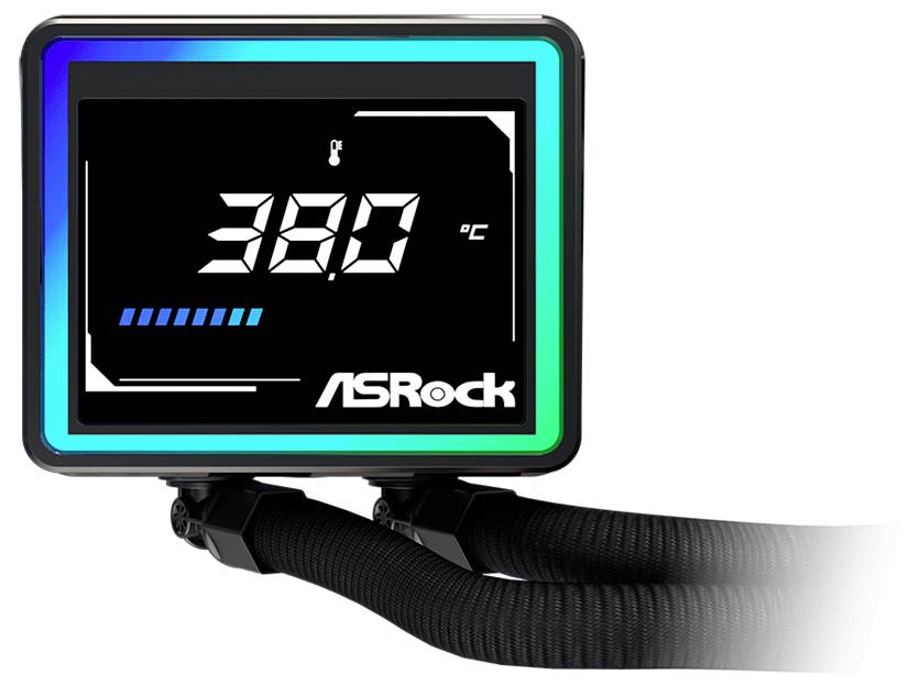 Chladiaca pumpa ASRock s kvapalinou zobrazujúca teplotu 38,0°C so svietiacim modrým a zeleným rámom a pripojenými hadičkami