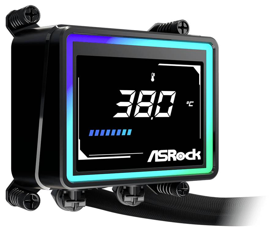 ASRock chladič procesora s kvapalinou, blokom čerpadla s digitálnym displejom zobrazujúcim teplotu 38,0°C a modrým stavovým panelom, namontovaný na potrubiach a hardvéri chladiacej jednotky.