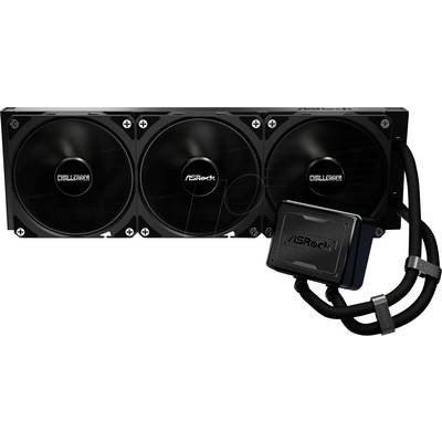 ASRock systém chladenia pomocou vody s tromi čiernymi ventilátormi a riadiacou jednotkou, navrhnutý na zvýšenie výkonu hardvéru PC.