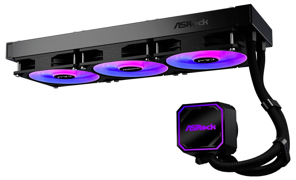 Chladič CPU ASRock s kvapalinou s čiernym trojventilátorový chladičom a RGB-osvetleným blokom čerpadla spojeným pletený hadičkou.