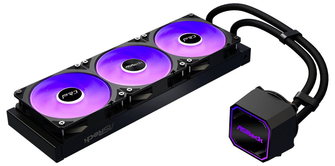 Chladič procesora s trojitým ventilátorom na báze kvapaliny s RGB osvetlenými ventilátorom a blokom čerpadla prepojením hadicami.
