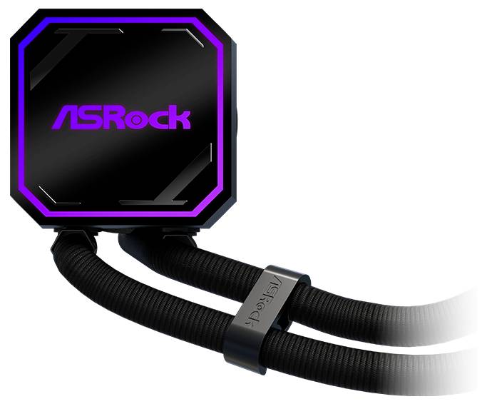 Čerpacia jednotka chladiča procesora ASRock s kvapalinovým chladením, purpurovým RGB obvodom a dvoma čiernymi pletencovými hadičkami na bielom pozadí.