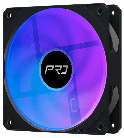 Čierny chladiaci ventilátor PC s veľkou modrофialovou LED osvetlenou lopatkou a logom "PRJ" v strede