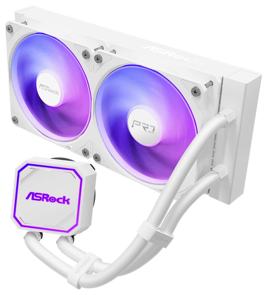 Biely ASRock chladič CPU s kvapalinou s dvoma RGB fanmi a osvetleným blokom čerpadla, zobrazený s bielym potrubím na jednoduchom pozadí.