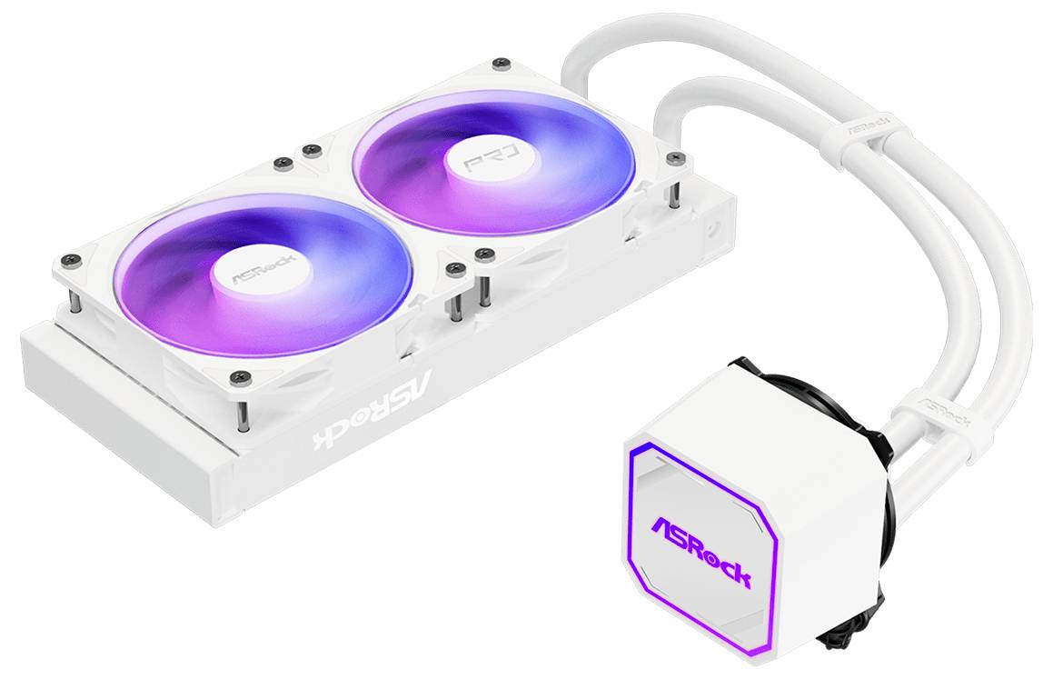 Biely chladič CPU ASRock s kapalinové chladením s dvoma fialovo-modrými svietiacimi ventilátorom a svietiacou pumpou pripojenou bielou hadičkou.