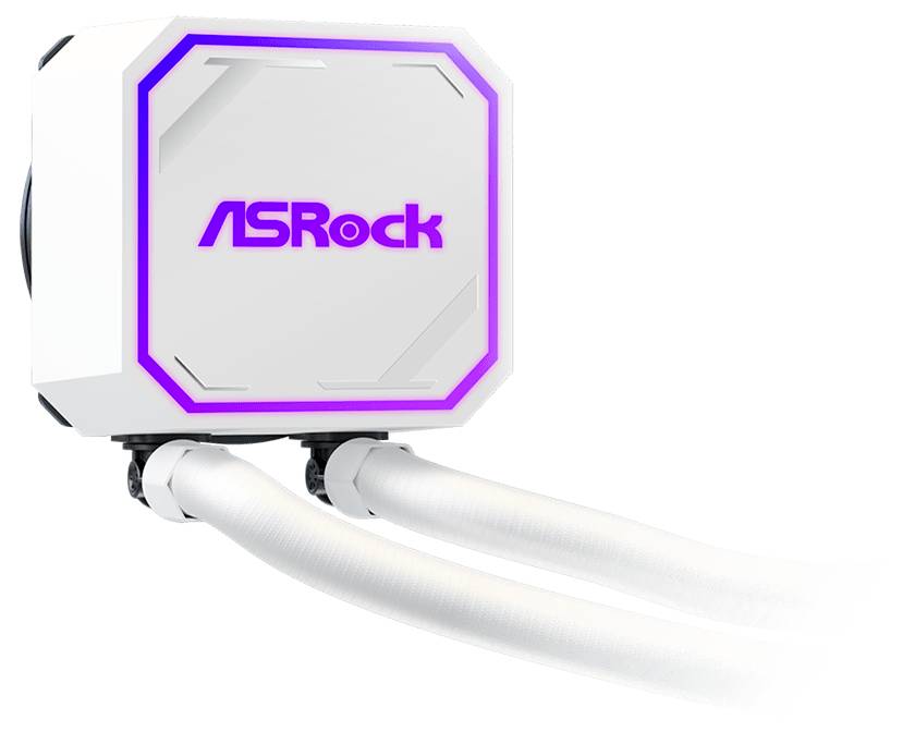 Biela chladiaca kapalinová pumpa ASRock na procesor s fialovým osvetleným logom a dvoma spojenými hadičkami na bielom pozadí