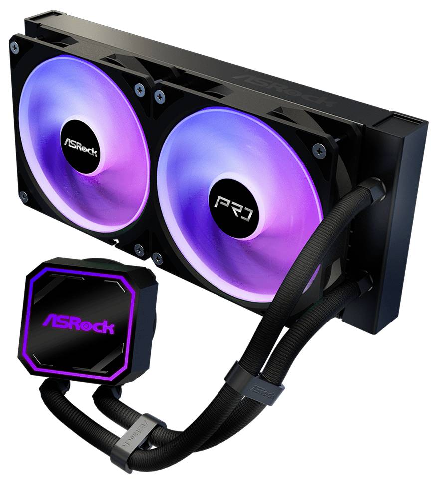 ASRock chladič procesora s kvapalinou s dvoma RGB ventilátorom a štvorcovým blokom čerpadla spojeným pletencovými hadičkami.