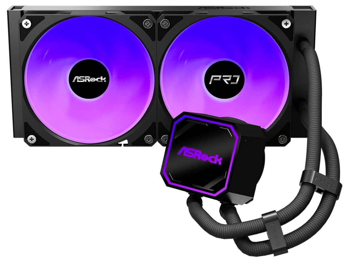 ASRock chladič procesora na tekutinu s dvoma RGB ventilárormi a svietiacim blokom čerpadla, čierne potrubie v komplete.