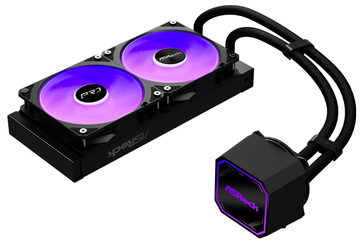 Dva RGB osvetlené chladiacimi tekutinou poháňané ventilátory na radiátore s pripojeným vedením a čiernym blokom čerpadla označeným ASRock.