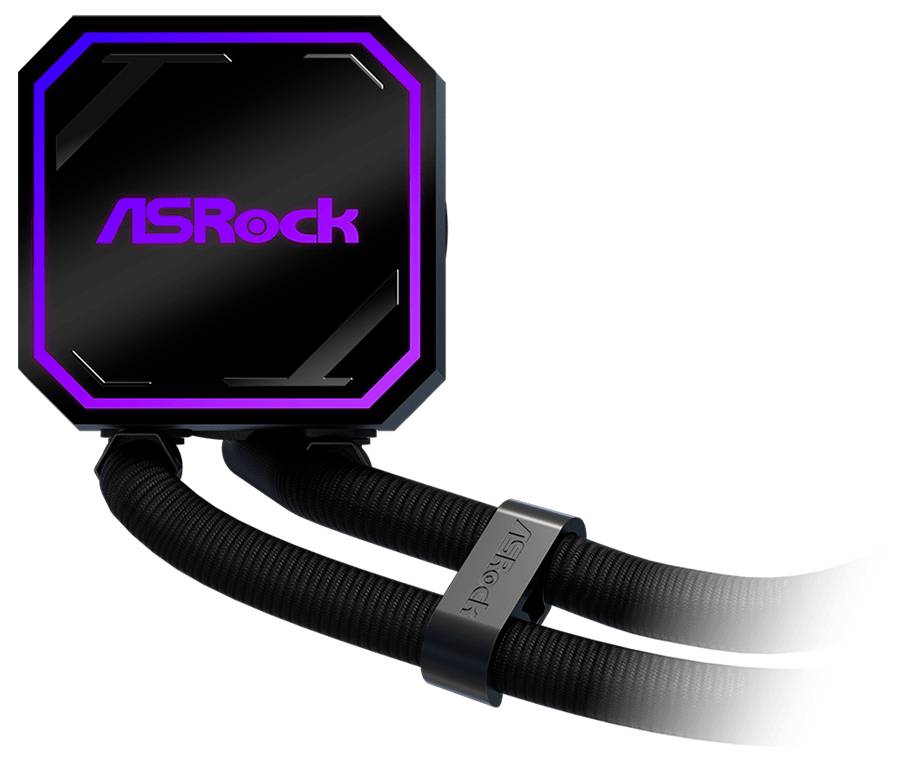 Čerpadlo procesora ASRock s kvadratickým RGB chladením kvapalinou s dvoma čiernymi pletencovými hadičkami na bielom pozadí.