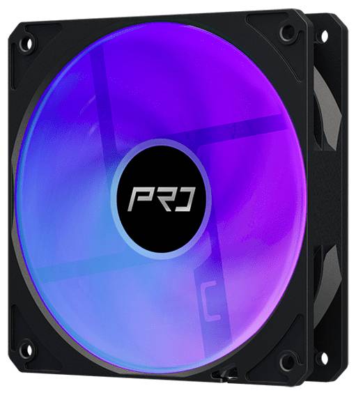 Čierny počítačový kryt ventilátora s RGB modrofialovým osvetlením lopatiek a logom "PRD" v strede.
