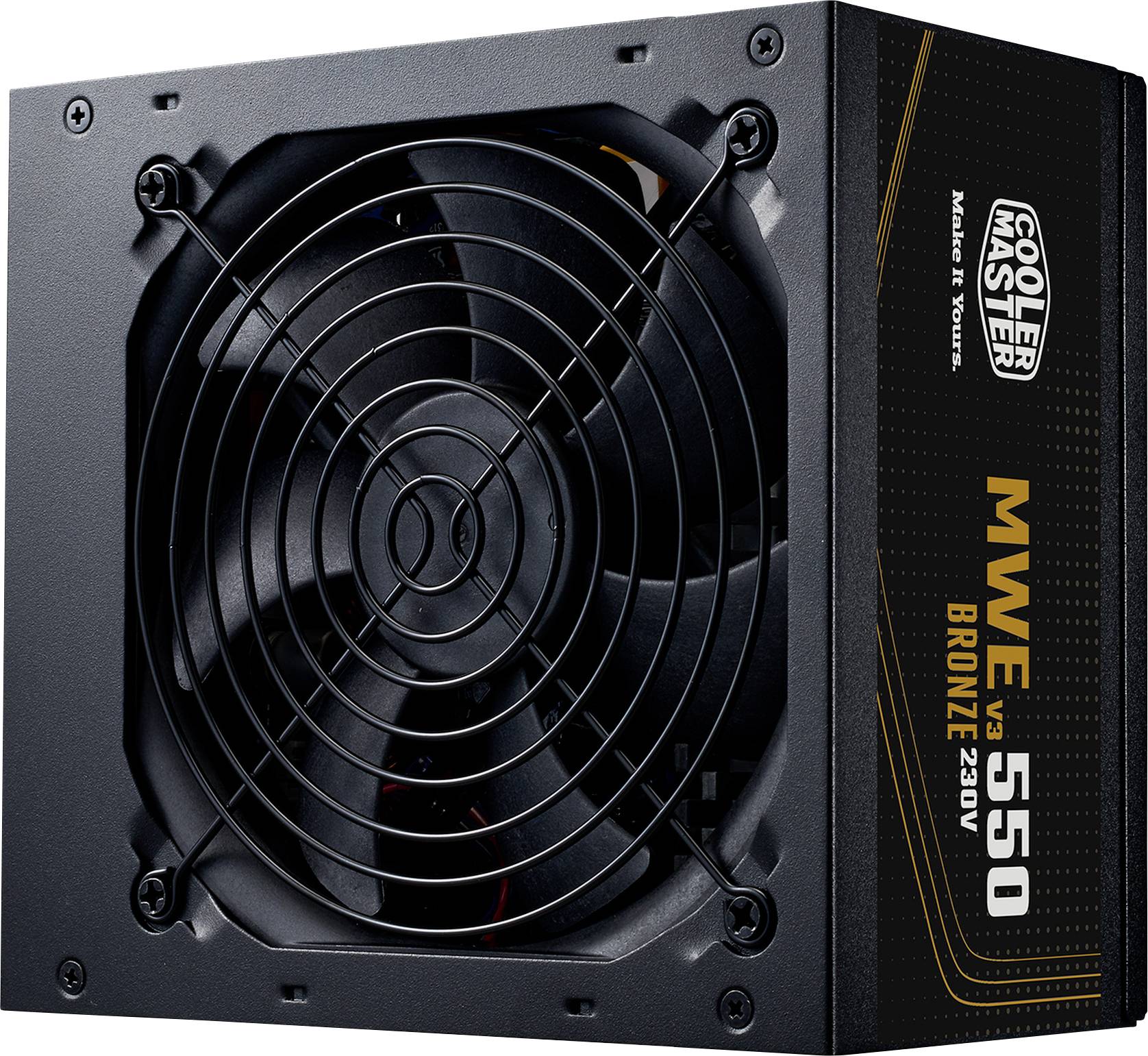 Jednotka zdroja napájania "Cooler Master MWE 550 Bronze 230V" s viditeľným ventilátorom a označením produktu. Navrhnutá pre stolné počítače.