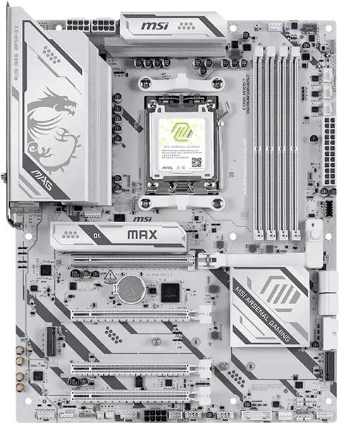 Počítačová základná doska s viacerými slotmi PCIe, slotami RAM a soketom CPU. Dizajn obsahuje strieborné a biele komponenty.