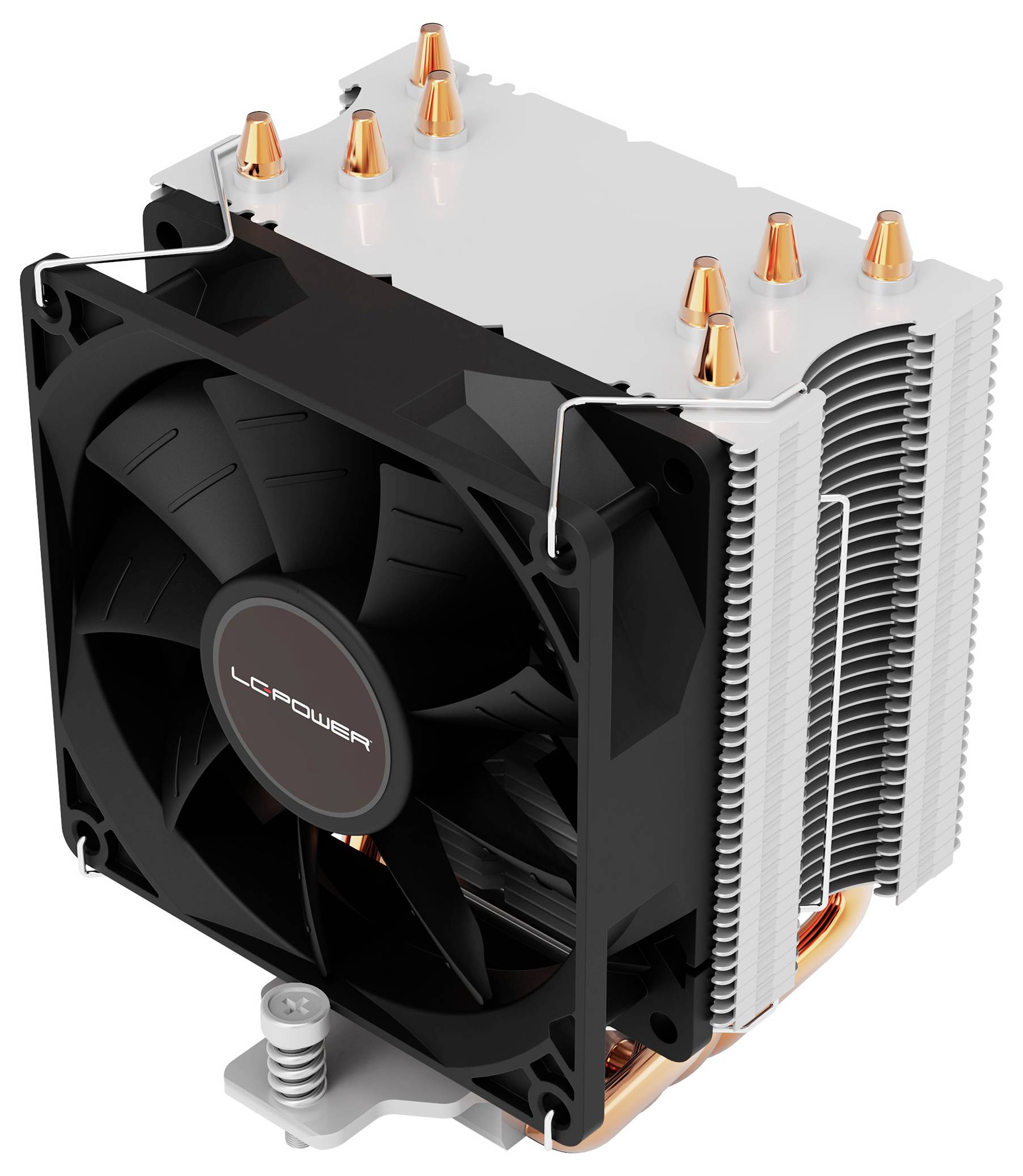 Chladič CPU s čiernym ventilátorom a strieborným chladiacim radiátorom, vybavený medenými rúrkami na odvod tepla. Navrhnutý na účinnú chladenie procesorov počítača.