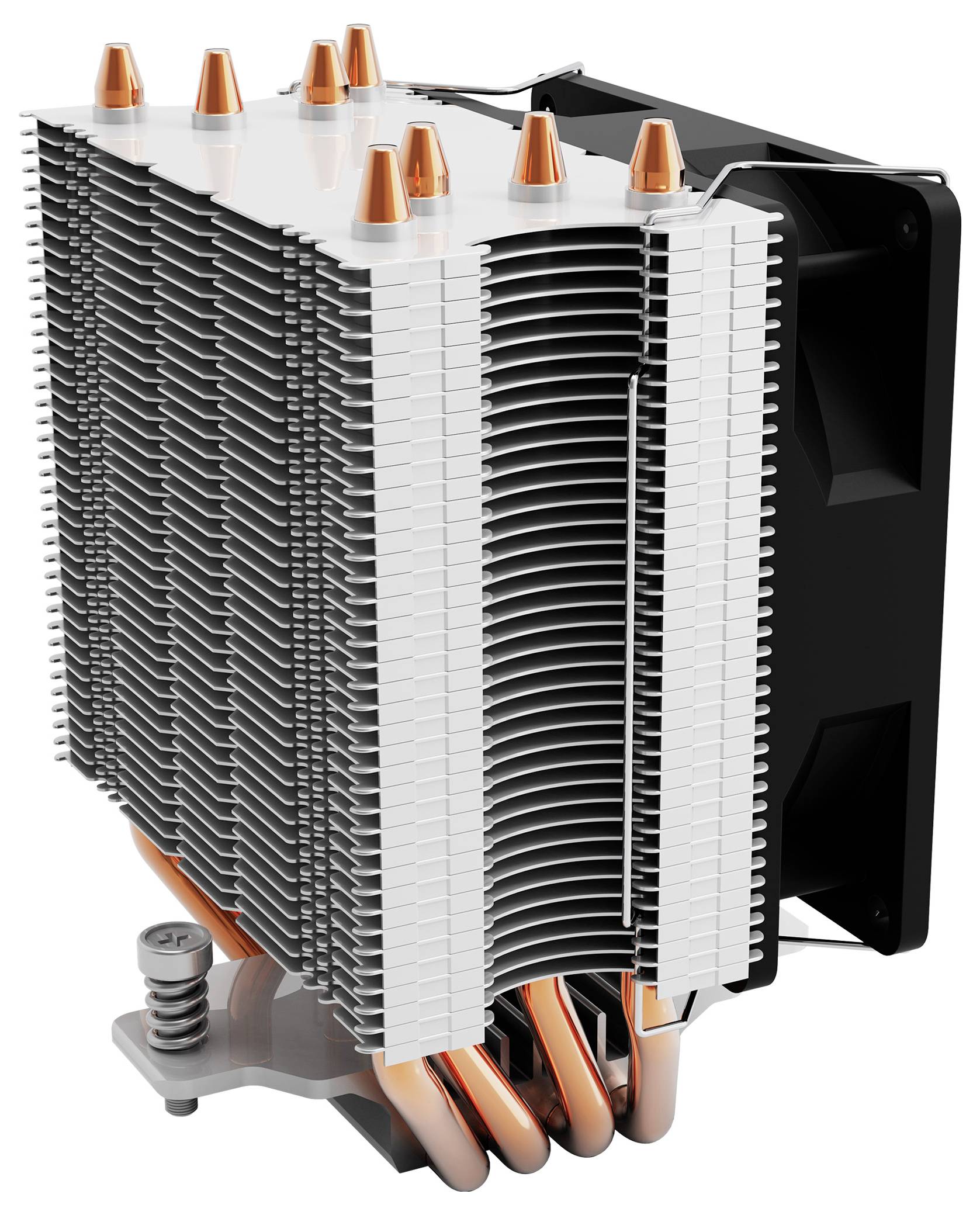 Chladič procesora s viacerými hliníkovými lamelami, medenými Heat pipe rúrkami a čiernym ventilátorom, navrhnutý na chladenie počítačového hardvéru.