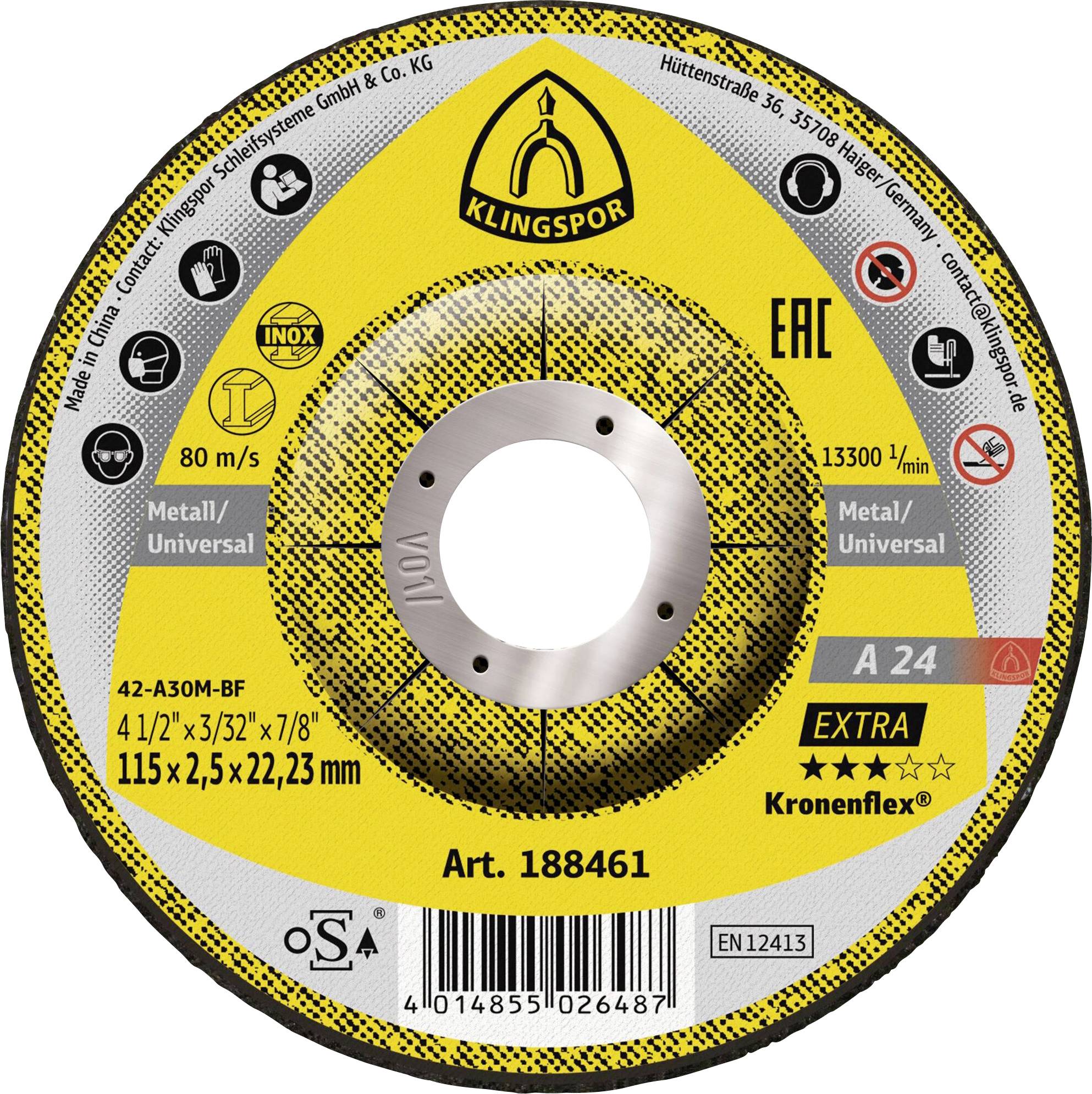 Okrúhly brúsny rezací kotúč značky 'Klingspor' a 'Metal/Universal', maximálna rýchlosť 13 300 RPM, veľkosť 115x2,5x22,23 mm na rezanie kovu.