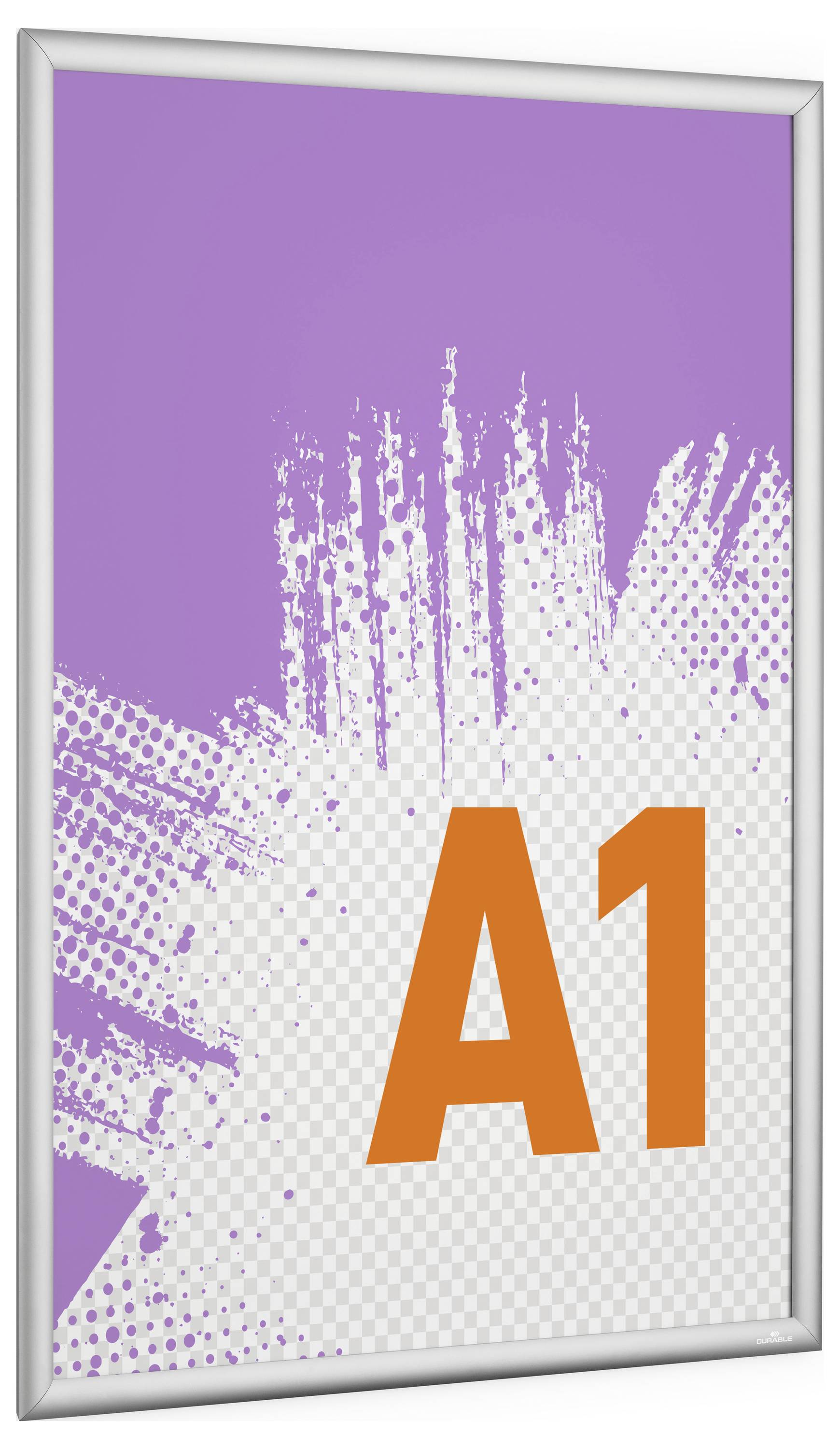 Fialový plagát s bielym striekačovým dizajnom má v strede veľký, tučný oranžový text "A1".