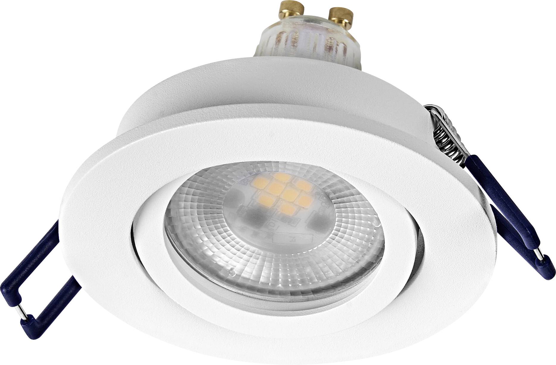 Biela zapustená LED stropná lampa s viditeľnými upevňovacími klipmi, určená na vnútorné použitie.