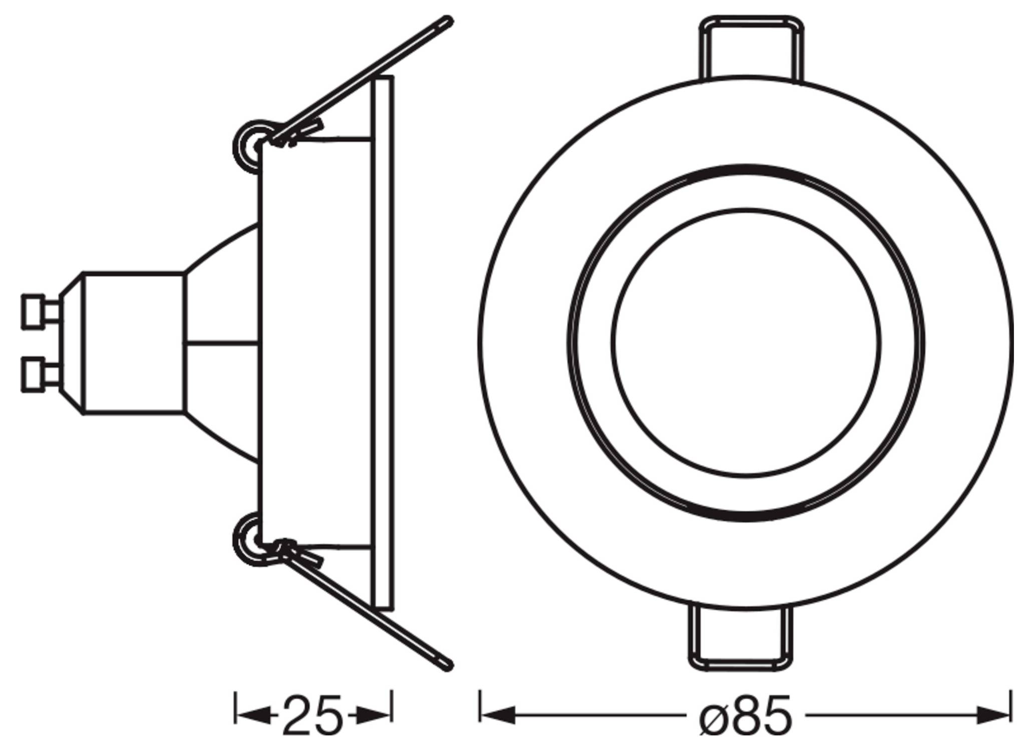 Technický výkres zapusteného svetelného telesa s bočným a horným pohľadom. Rozmery: hĺbka 25 mm, priemer 85 mm.