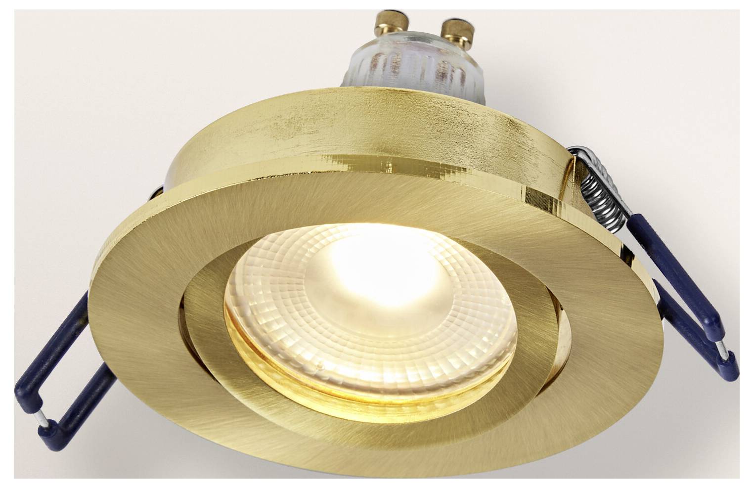 Zlatavá zapustená stropná lampa s rozsvietením žiarovkou, s nastaviteľnými podpornými svorkami po oboch stranách.