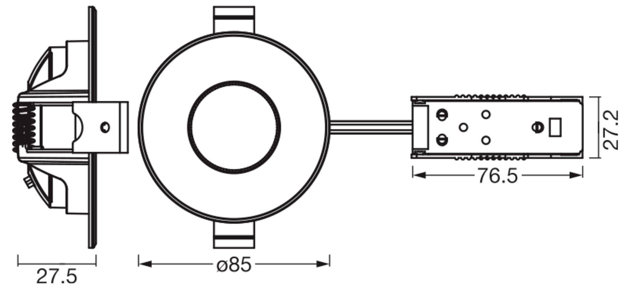 Technický diagram okrúhleho zapusteného svietidla s rozmermi: priemer 85 mm, výška 27,5 mm a dĺžka 76,5 mm pre ovládač.