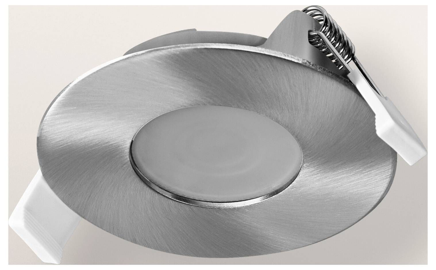 Okrúhly, zabudovaný stropný svietidlo z nehrdzavejúcej ocele s matným stredom a pripevnenými pružinovými svorkami na montáž.