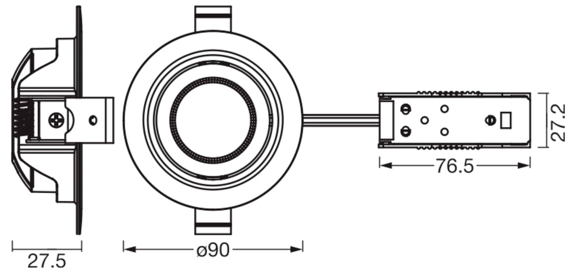 Technický diagram zapusteného svetelného prvku s rozmermi: 27,5 mm hĺbka, 90 mm priemer, 76,5 mm šírka a 27,2 mm výška.
