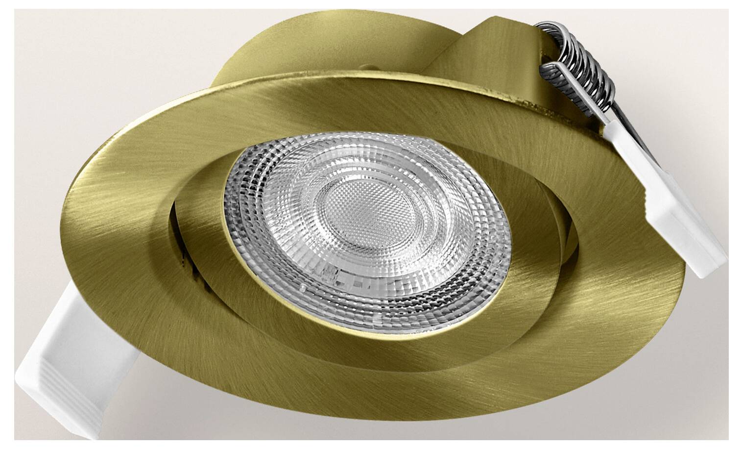 Zlatá zapustená stropná svetelná armatúra s okrúhlym, textúrovaným skleneným stredom a kovovým klipom na inštaláciu.