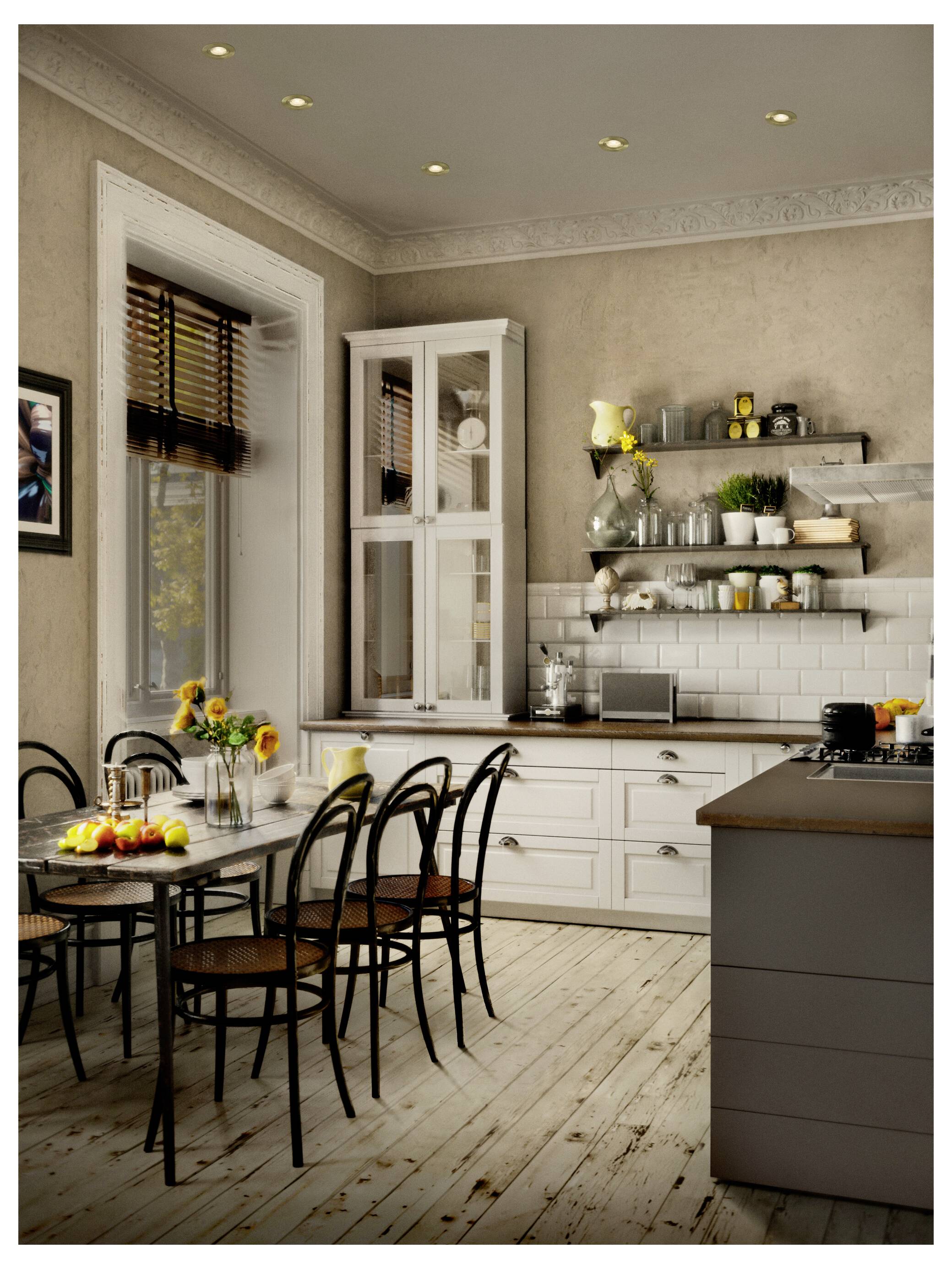 Útulná kuchyňa s dreveným jedálenskym stolom nastaveným pre štyroch ľudí, ozdobeným slnečnicami a jablkami. Biele skrinky a police uchovávajú rôzne kuchynské predmety.