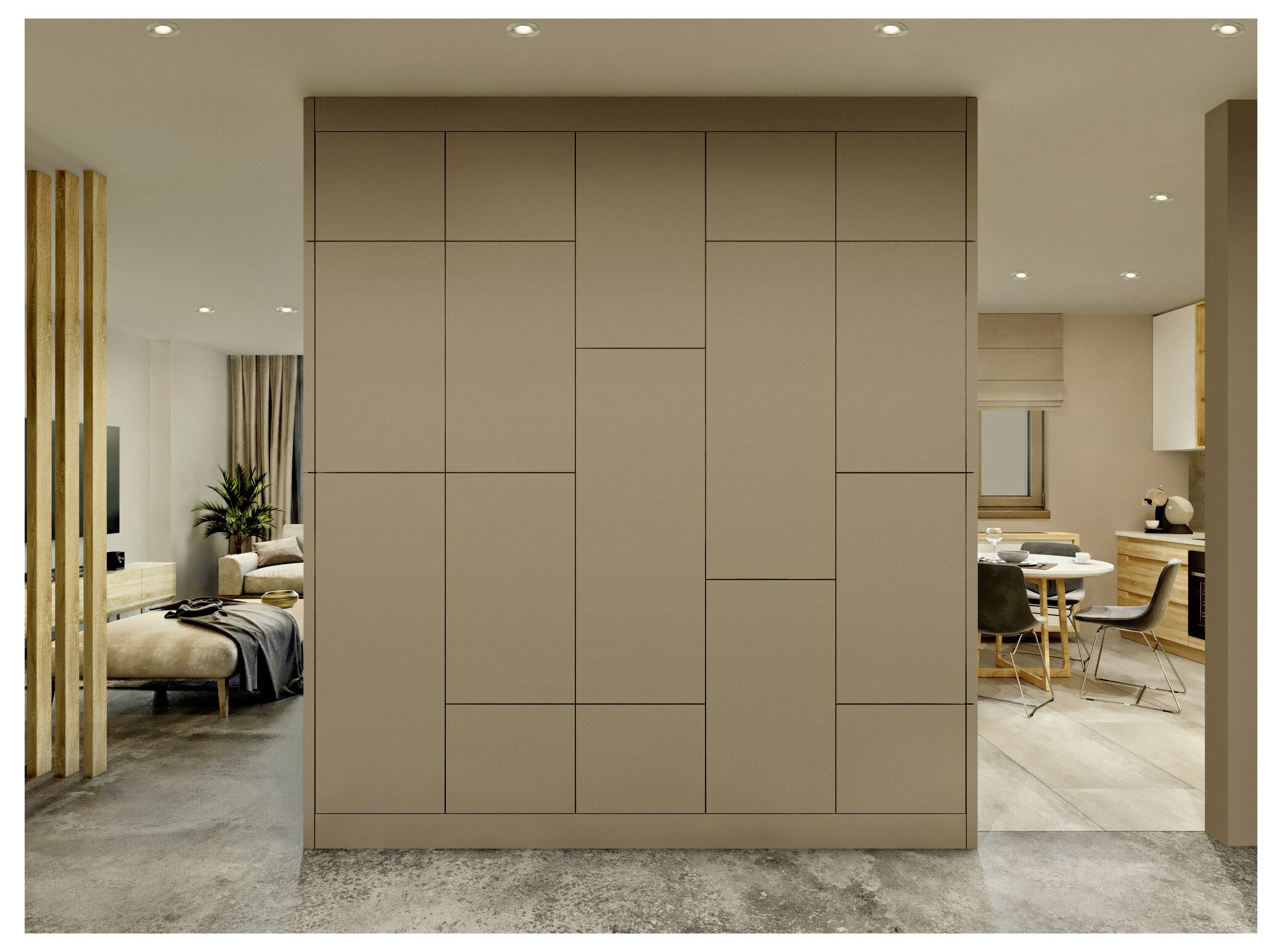 Moderný obytný priestor s integrovanou hnedou skriňou, ktorá delí priestor otvoreného pôdorysu s útulnou obývačkou a jedálňou.