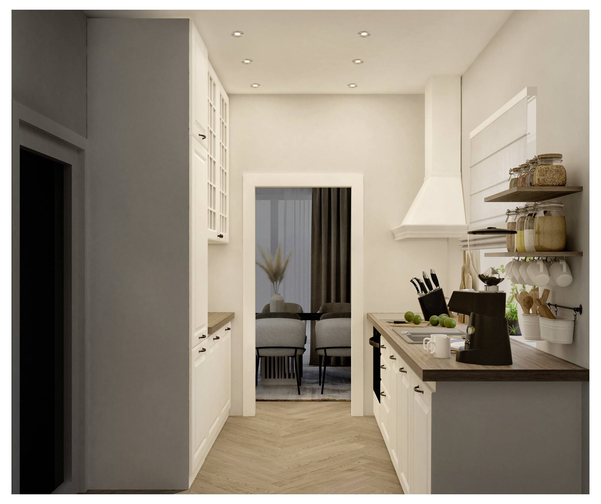 Moderná kuchyňa s bielymi skrinkami, drevenými pracovnými doskami, zavesnými policami s pohármi a výhľadom do jedálne s stoličkami a dekoráciami.