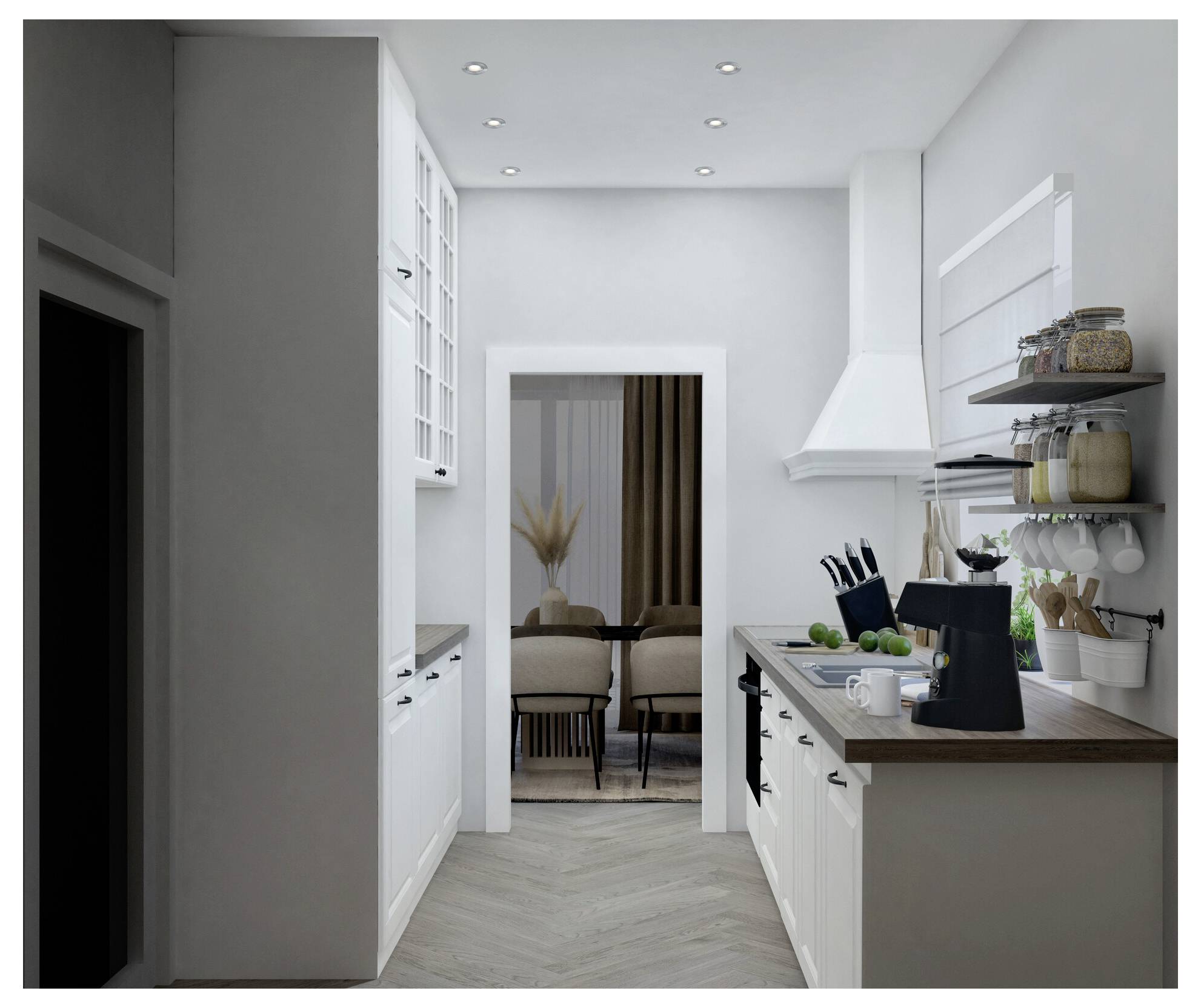 Moderná kuchyňa s bielymi skriňami a drevenými pracovnými doskami, vybavená kávovarem a mísou s ovocím. Vedie do jedálne so stoličkami.