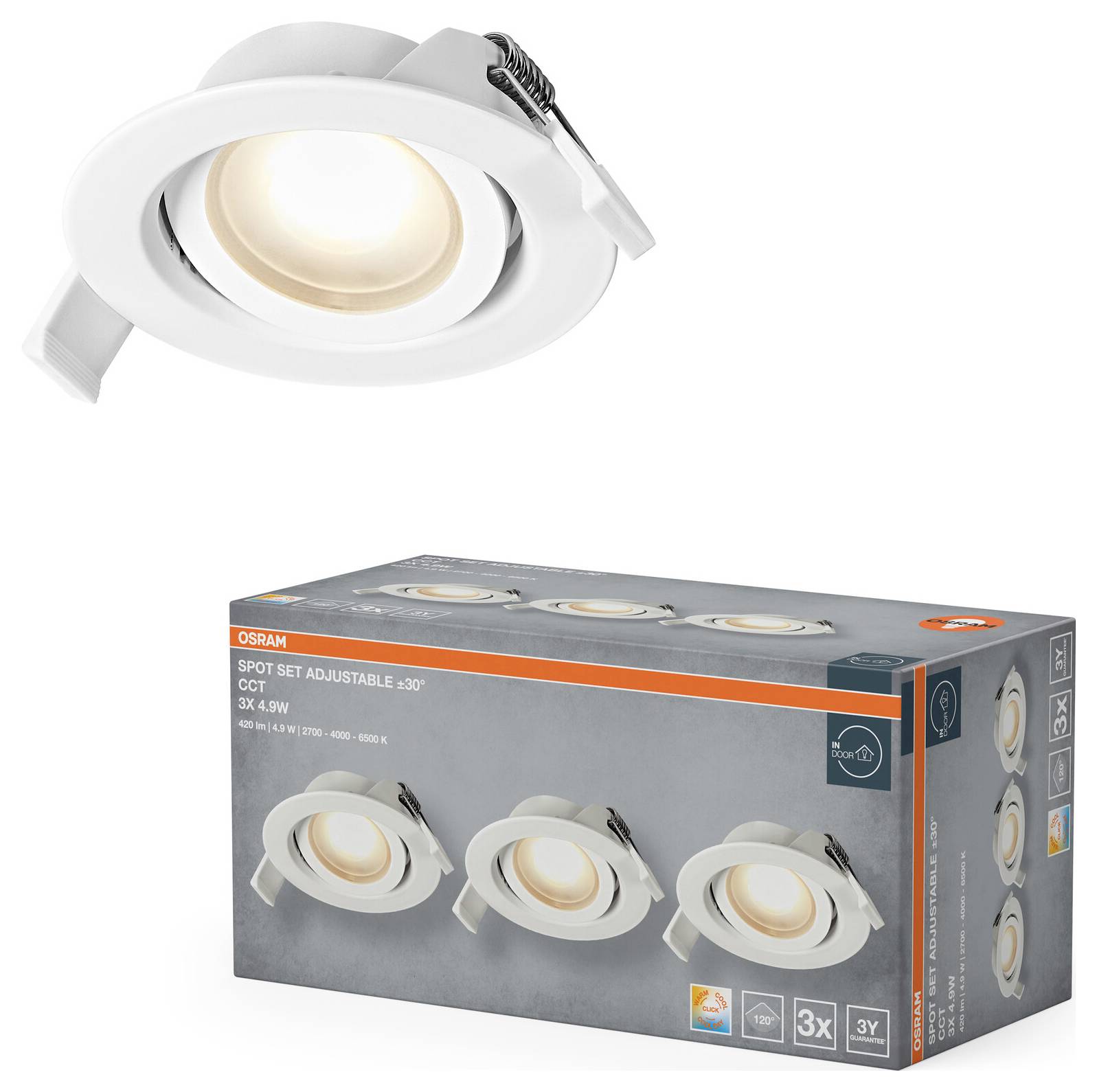 Vyššie je znázornený LED bodový reflektor s bielym obrezom nad jeho balením. Krabica zobrazuje tri identické bodové reflektory, označené ako „Spot Set Adjustable".