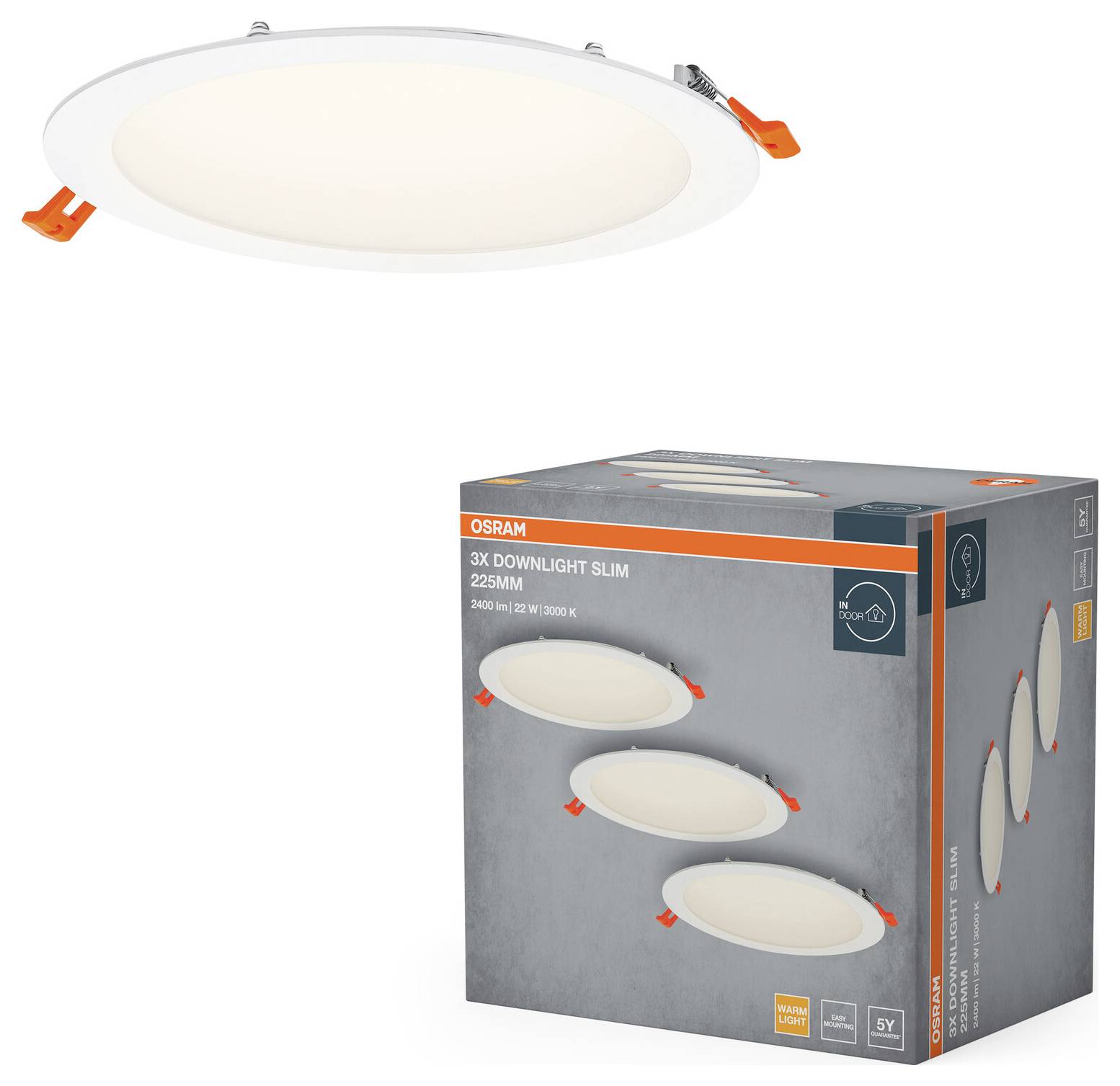 Balík „OSRAM 3x Downlight Slim, 255mm" s tromi bielymi vstavaným svetlami, s vyobrazením rozmerov produktu a energetických štítkov.
