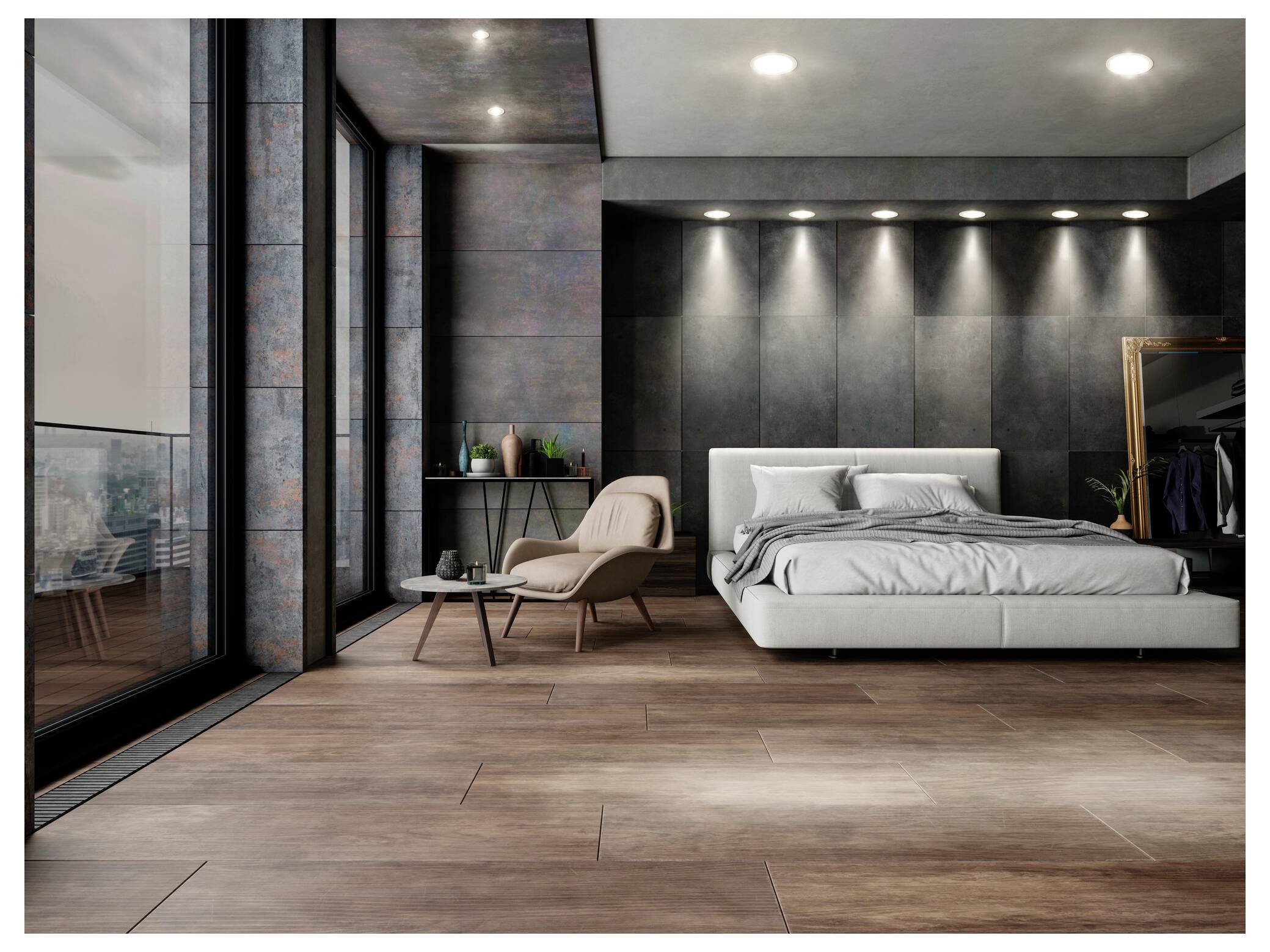 Moderná spálňa s šedou príznakovou stenou, veľkými oknami a minimalistickým nábytkom vrátane biely posteli, béžovej stoličky a malého stola.