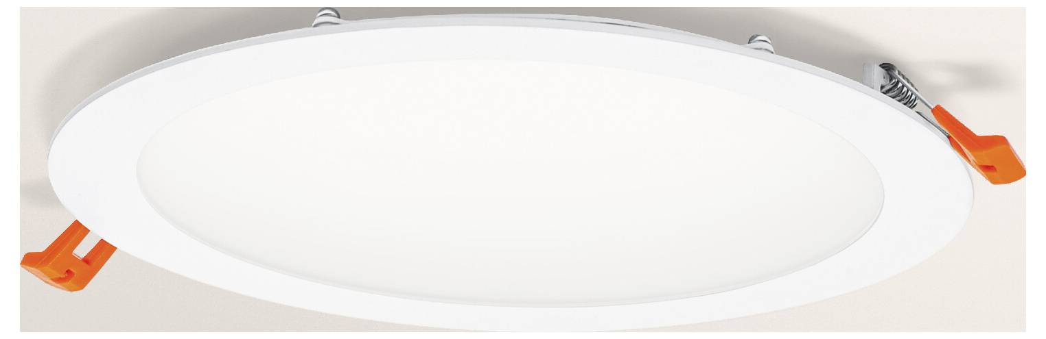 Okrúhle, biele LED stropné svietidlo s viditeľnými oranžovými svorkami, určené na priamu montáž na ploché povrchy.