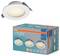 Biela kruhová LED podhľadová lampa a jej balíčka s nápisom „3X Downlight Set Slim 97MM-Metal." Vhodná do kúpeľní, teplé svetlo.