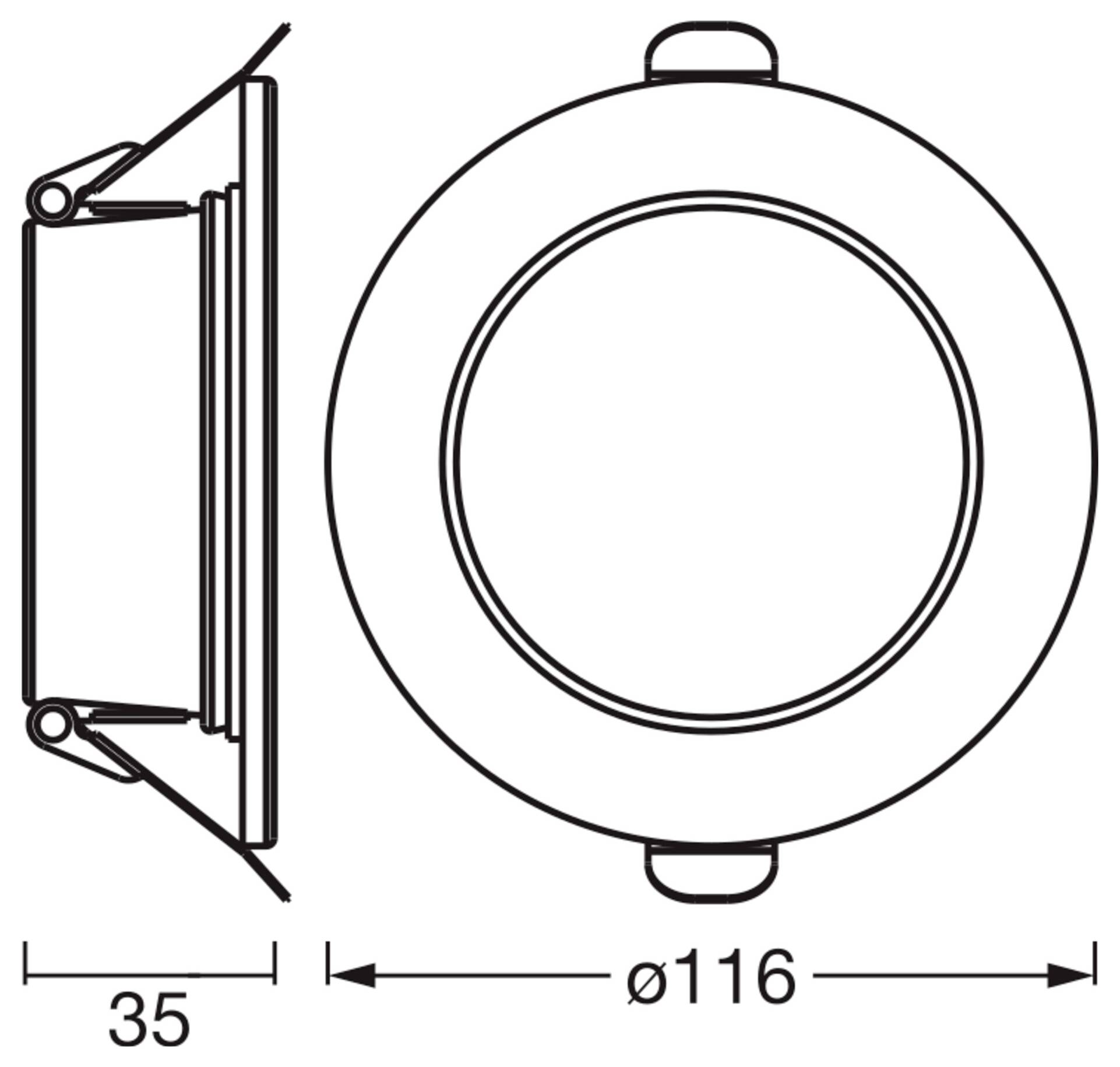 Diagram guľatého objektu s pohľadom zboku a spredu, zobrazujúci rozmery: hĺbka 35 mm a priemer 116 mm.