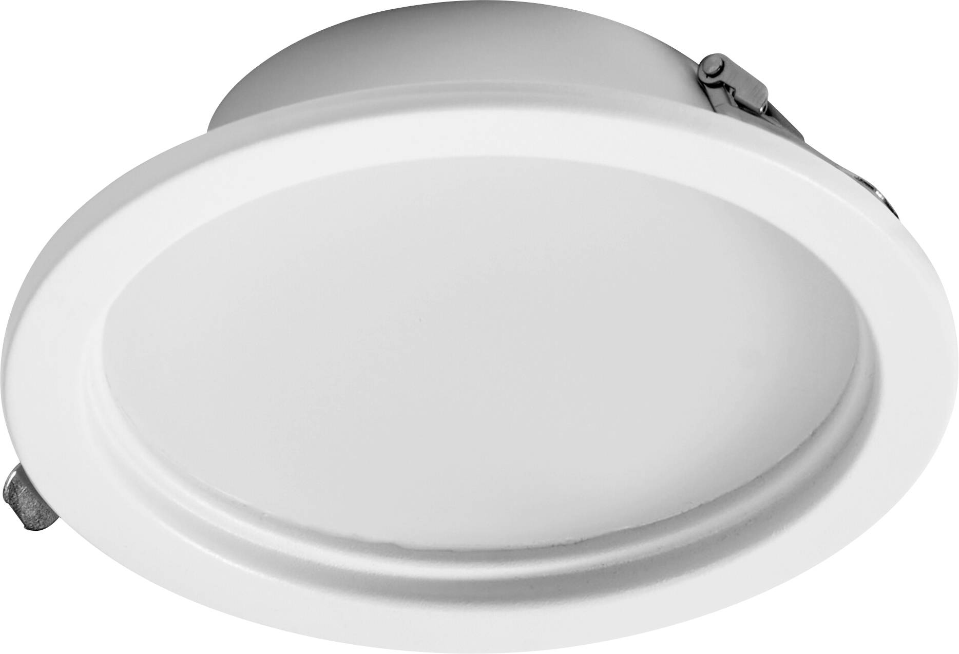 Okrúhla, biela zapustená stropná lampa s hladkým, úrovňovým dizajnom.
